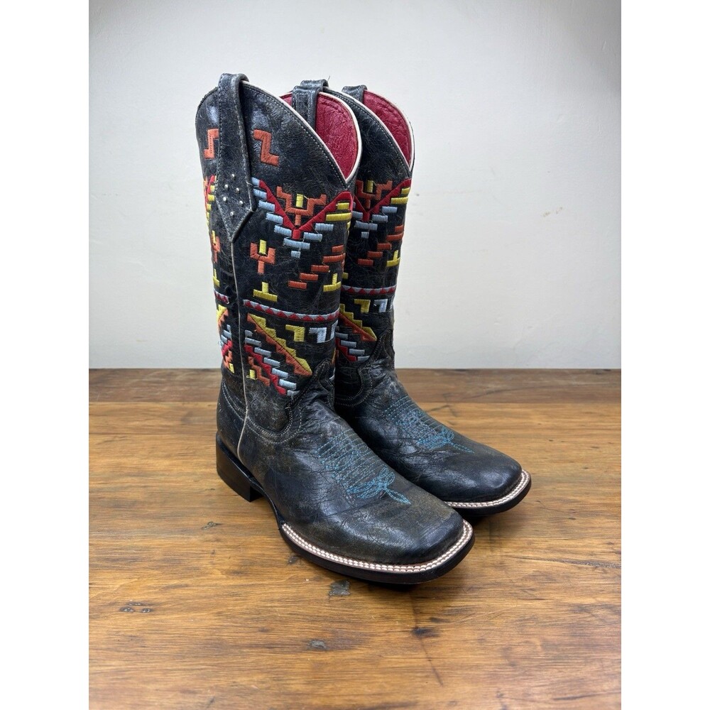 Ferrini Aztec Cowgirl Boots Womens 8 B Black Leather Square Toe Western Style
